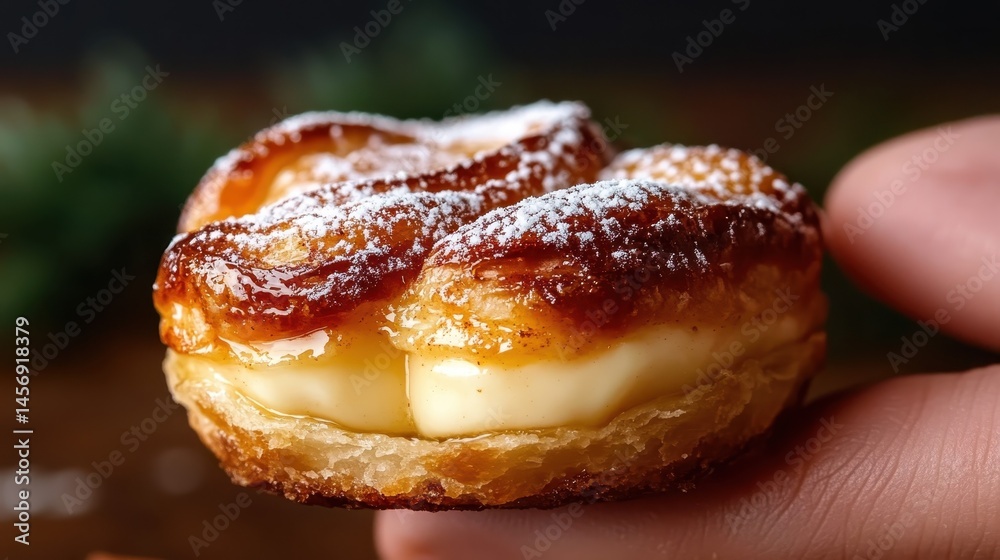 A close-up of a beautifully crafted pastry filled with creamy filling, highlighting its golden crust and luxurious texture against a rustic wooden backdrop. A close-up of a beautifully crafted pastry filled with creamy filling, highlighting its golden crust and luxurious texture against a rustic wooden backdrop.