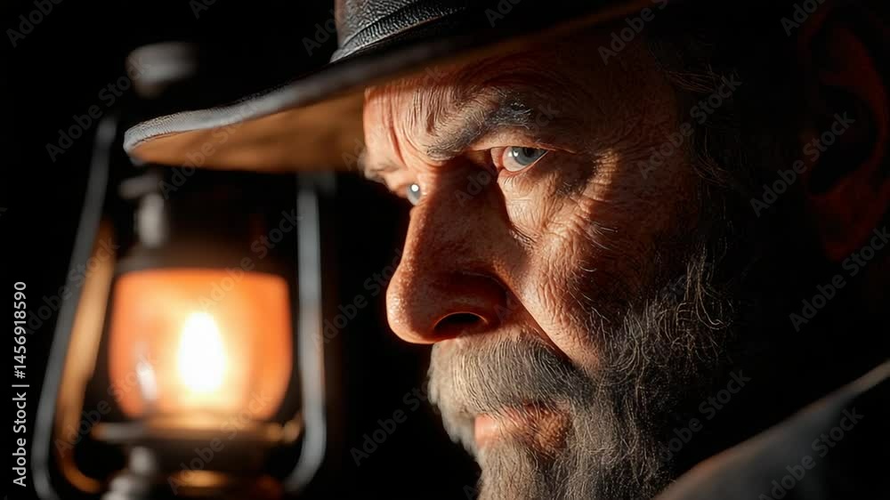 Close-Up Portrait of Mature Man with Intense Gaze and Lantern in Dark Setting Reflecting Experience and Wisdom