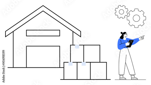 Warehouse building with stacked boxes, worker holding tablet and pointing, gears representing workflow. Ideal for logistics, shipping, supply chain, inventory, management, e-commerce simple landing