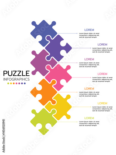 Puzzle infographic template featuring seven interconnected puzzle pieces in a winding vertical arrangement with a gradient of blue, purple, pink, orange, yellow, and green. Vector illustration.