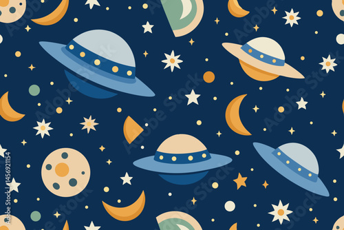 Seamless Pattern of Cute Flying Saucers Planets and Stars in Space