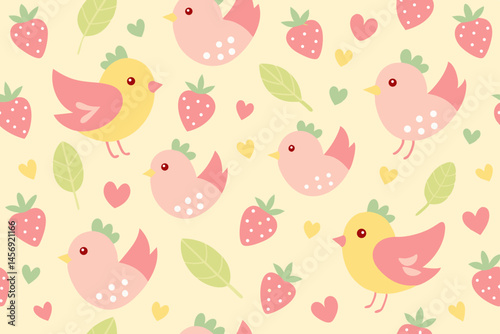 Cute Birds and Strawberries Seamless Pattern Pastel Colors