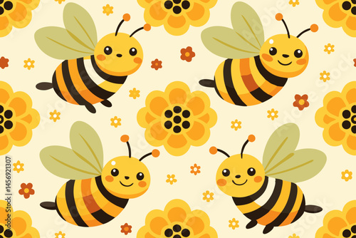 Cute Cartoon Bees Seamless Pattern with Yellow Flowers