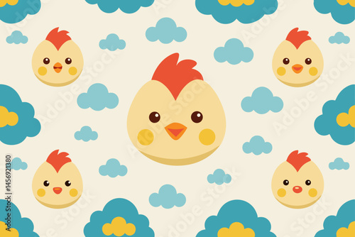 Cute Cartoon Chick Faces Seamless Pattern with Clouds and Flowers