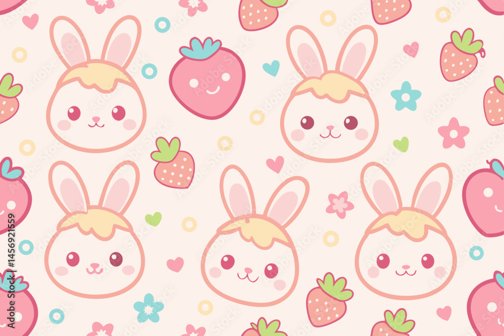 Obraz premium Adorable Seamless Pattern with Cute Bunny Rabbits and Strawberries