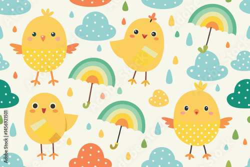 Adorable Yellow Chicks Rainbow Umbrellas Seamless Pattern