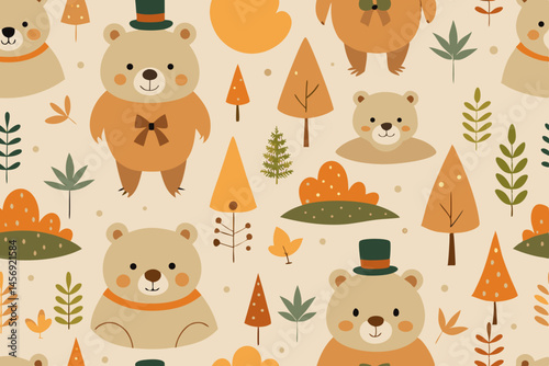 Adorable Autumn Bears Seamless Pattern for Kids