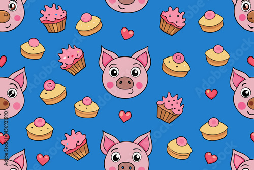 Cute Pig Faces and Sweet Cupcakes Seamless Pattern