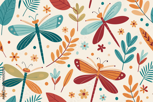 Seamless Pattern with Dragonflies and Autumnal Leaves
