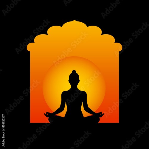 female yoga silhouette sitting in front of a indian temple window, sunset background
