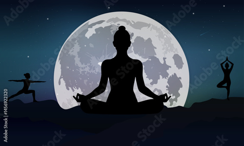 Mystical yoga meditation banner, yoga silhouettes on mountains in front of full moon and colorful starry night sky with northern lights