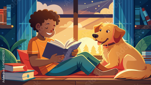 A boy is reading a book while sitting on the floor next to a dog. The dog is looking at the boy and seems to be enjoying the company. Concept of warmth and companionship between the boy and his dog