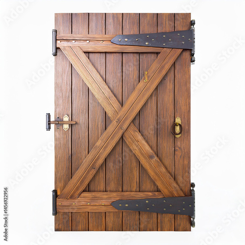 Rustic wooden door with crossbeam design and iron hardware