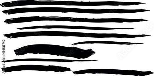 Brush line set. Vector calligraphy paint strokes. Vintage Chinese brushstrokes collection. Straight long hand drawn stripes background. Abstract black ink grungy lines, borders, emphasis underlines