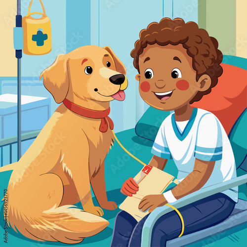 A boy is sitting on a bed with a dog. The boy is smiling and the dog is also smiling