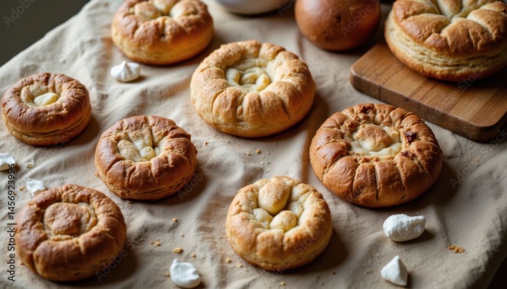 Freshly baked individual sweet buns with decorative tops are presented on a rustic linen tablecloth creating a warm and inviting scene of homemade goodness. Freshly baked individual sweet buns with decorative tops are presented on a rustic linen tablecloth creating a warm and inviting scene of homemade goodness.