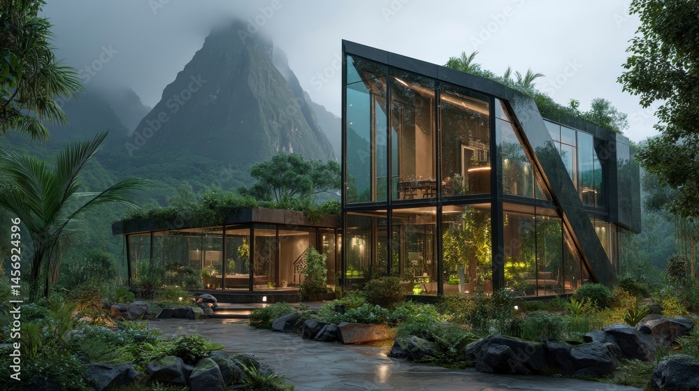 Fototapeta premium Modern Eco Home with Glass Façade in Cloudy Mountain Landscape