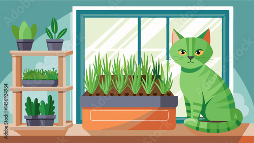 A cat is sitting on a windowsill next to a potted plant. The cat is looking at the camera with a curious expression. The potted plants are arranged in various sizes and shapes