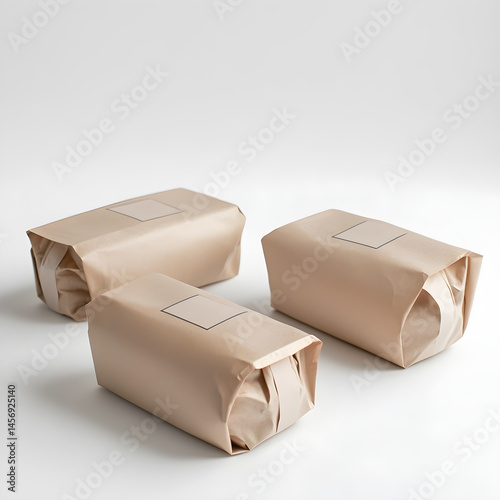 Wallpaper Mural biodegradable packaging with sustainable branding, kraft paper wrapping, white background Torontodigital.ca