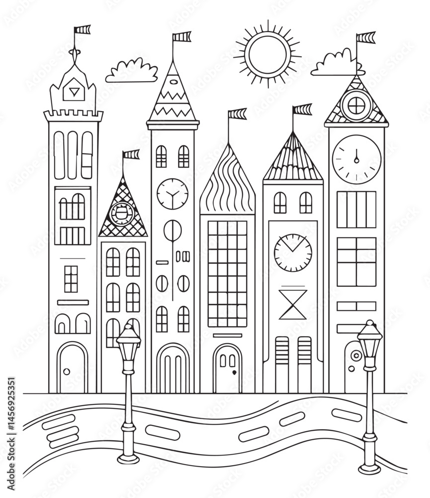 Obraz premium City building beautiful scenery coloring page for kids, black line art vector illustration on white background 