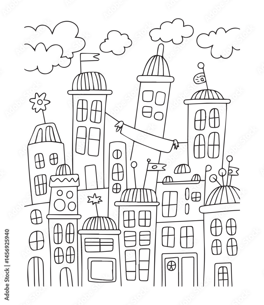 Fototapeta premium City building beautiful scenery coloring page for kids, black line art vector illustration on white background 