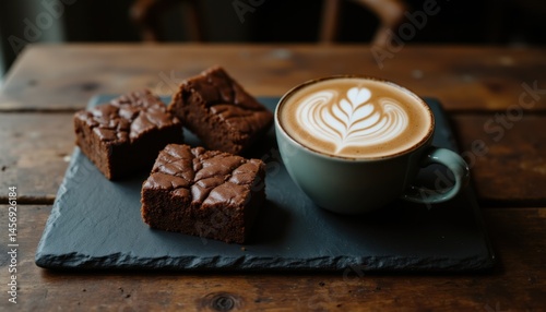 A delicious coffee latte artfully presented beside moist chocolate brownies on a rustic slate plate and wooden table creates an inviting and cozy scene.