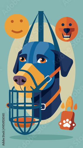 A dog wearing a muzzle is surrounded by various items, including a book, a baseball bat, and a tennis racket. Concept of a dog being trained or participating in a sport