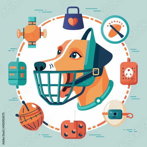 A dog wearing a muzzle is surrounded by various items, including a book, a baseball bat, and a tennis racket. Concept of a dog being trained or participating in a sport
