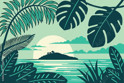 10 Tropical sunset scene, stylized vector illustration, vibrant teal and green colors, palm fronds and monstera leaves, calm ocean, setting sun reflection, layered clouds, minimalist design, flat grap