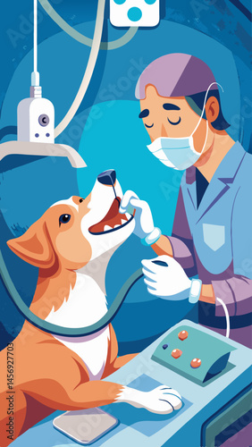 A man in a white coat is holding a dog's mouth open and cleaning its teeth. The dog is wearing a mask and he is in a dental office