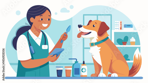 A woman is holding a dog in a veterinary clinic. The dog is sitting on a table and the woman is holding a toothbrush
