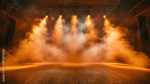 Empty stage lit by spotlights, filled with orange smoke