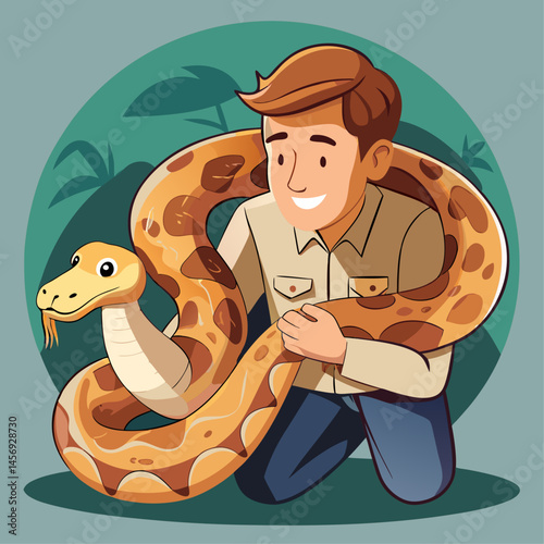 A man is holding a large snake. The man is smiling and he is enjoying the experience