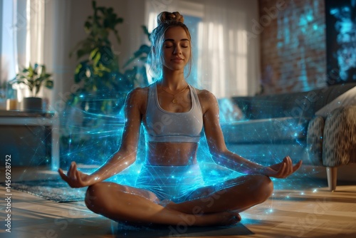 Young woman meditating with holographic guidance in peaceful room