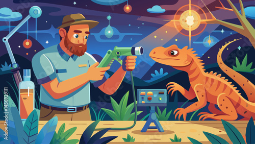 A man is fixing a camera on a lizard. The lizard is orange and has a long tail