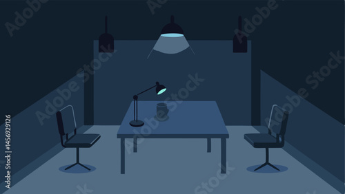 Interrogation Room A dimly lit room with a table and two chairs. A suspect sits nervously on one side with a microphone in front of him. A recording device is visible on the table.
