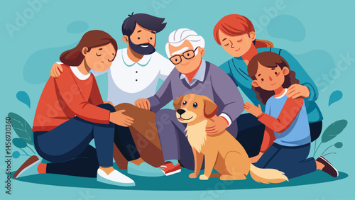 A family of four, including a dog, are hugging each other. The dog is looking at the camera
