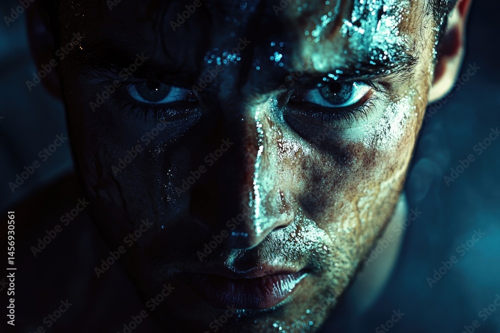 Intense portrait of a man, face covered in glistening sweat or iridescent paint, piercing gaze in dark lighting. Intense portrait of a man, face covered in glistening sweat or iridescent paint, piercing gaze in dark lighting.