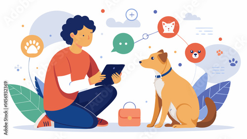A woman is sitting on the ground with her dog and cat. She is looking at her tablet