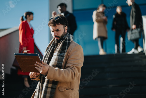 Obraz na plátně A young man wearing fashionable clothing concentrating on a tablet in an urban outdoor setting, surrounded by people moving in the background, exuding a modern and creative entrepreneurial vibe