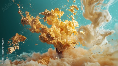 Golden clouds in surreal sky with blue backdrop creating fantasy dreamscape atmosphere