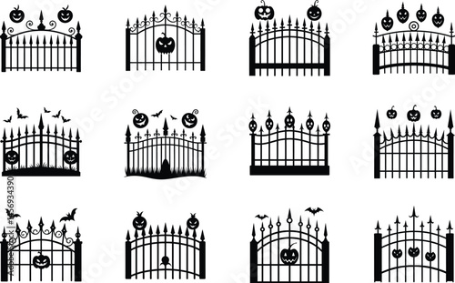  set of Halloween iron fence vector silhouette
