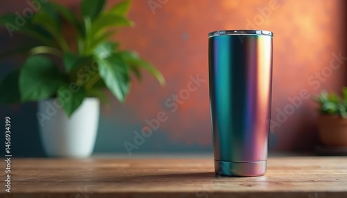 Large capacity travel mug, stainless steel, glossy finish , beverage, object, camping
