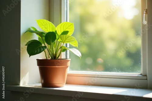 Single potted plant on windowsill, sunlight streaming in, solitary, quiet
