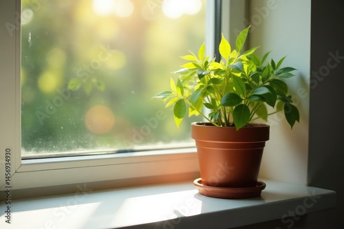 Obraz na płótnie Single potted plant on windowsill, sunlight streaming in, solitude, quiet, solitary w salonie