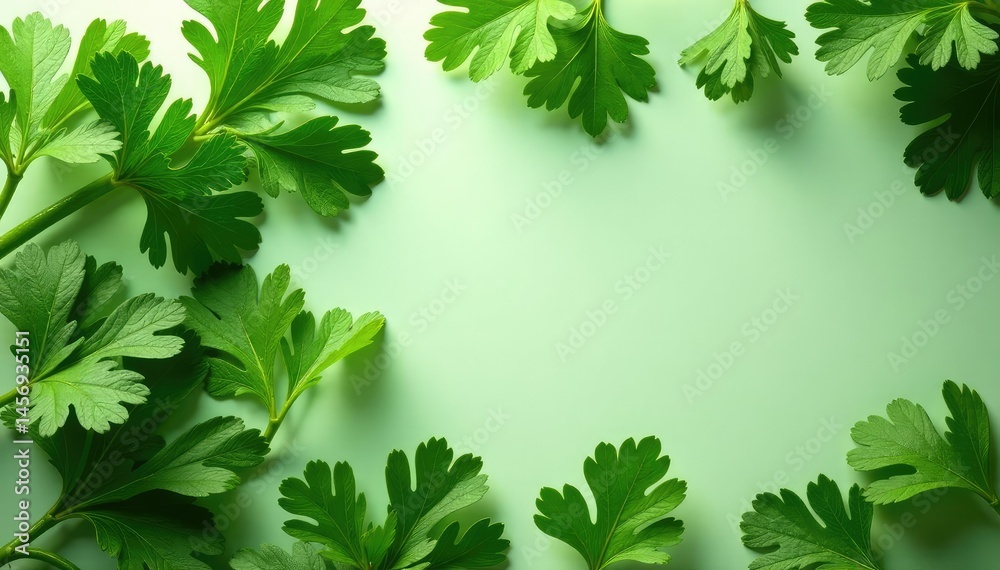 Fresh parsley leaves arranged in a decorative pattern , bright, organic