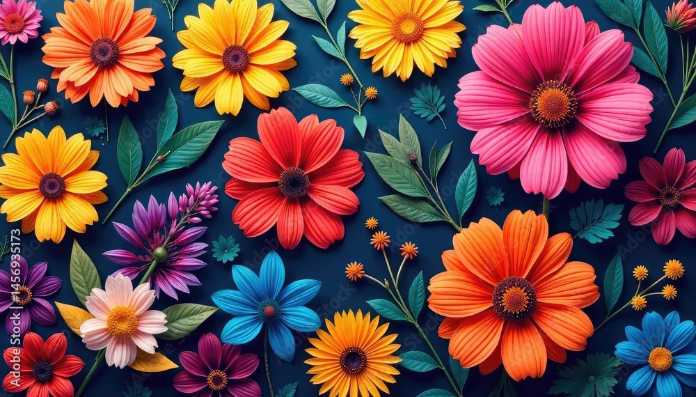 Densely packed, stylized floral motif; vibrant hues , composition, print