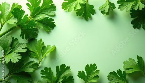 Obraz na płótnie Fresh parsley leaves arranged in a decorative pattern , bright, organic w salonie
