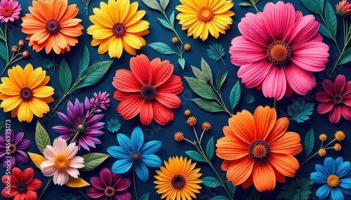 Obraz na płótnie Densely packed, stylized floral motif; vibrant hues , composition, print w salonie