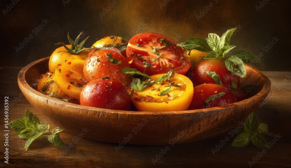 Colorful Heirloom Tomatoes with Basil in Rustic Wooden Bowl Colorful Heirloom Tomatoes with Basil in Rustic Wooden Bowl